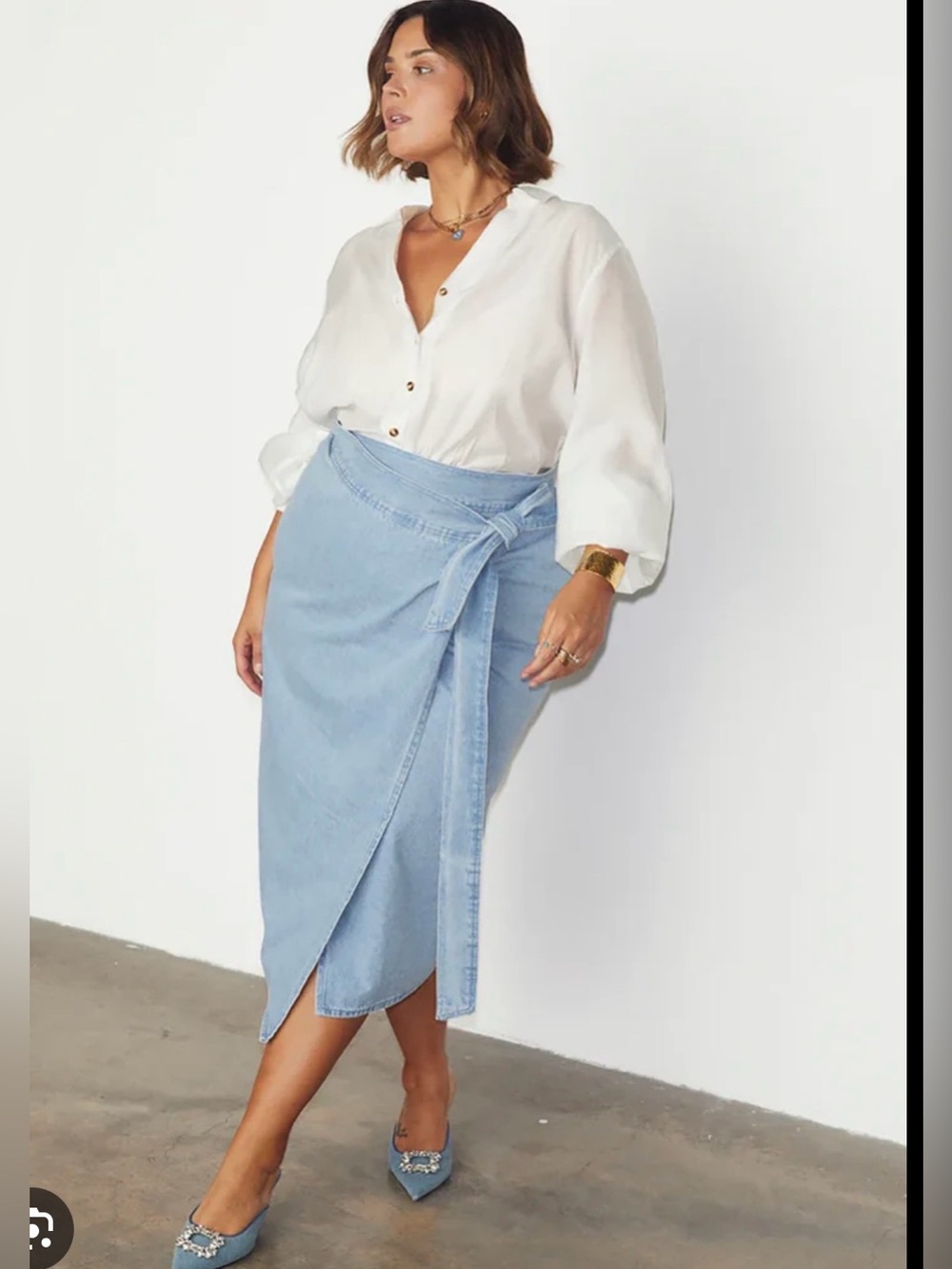 Never Fully Dressed Jasper Light Denim Wrap Midi Skirt